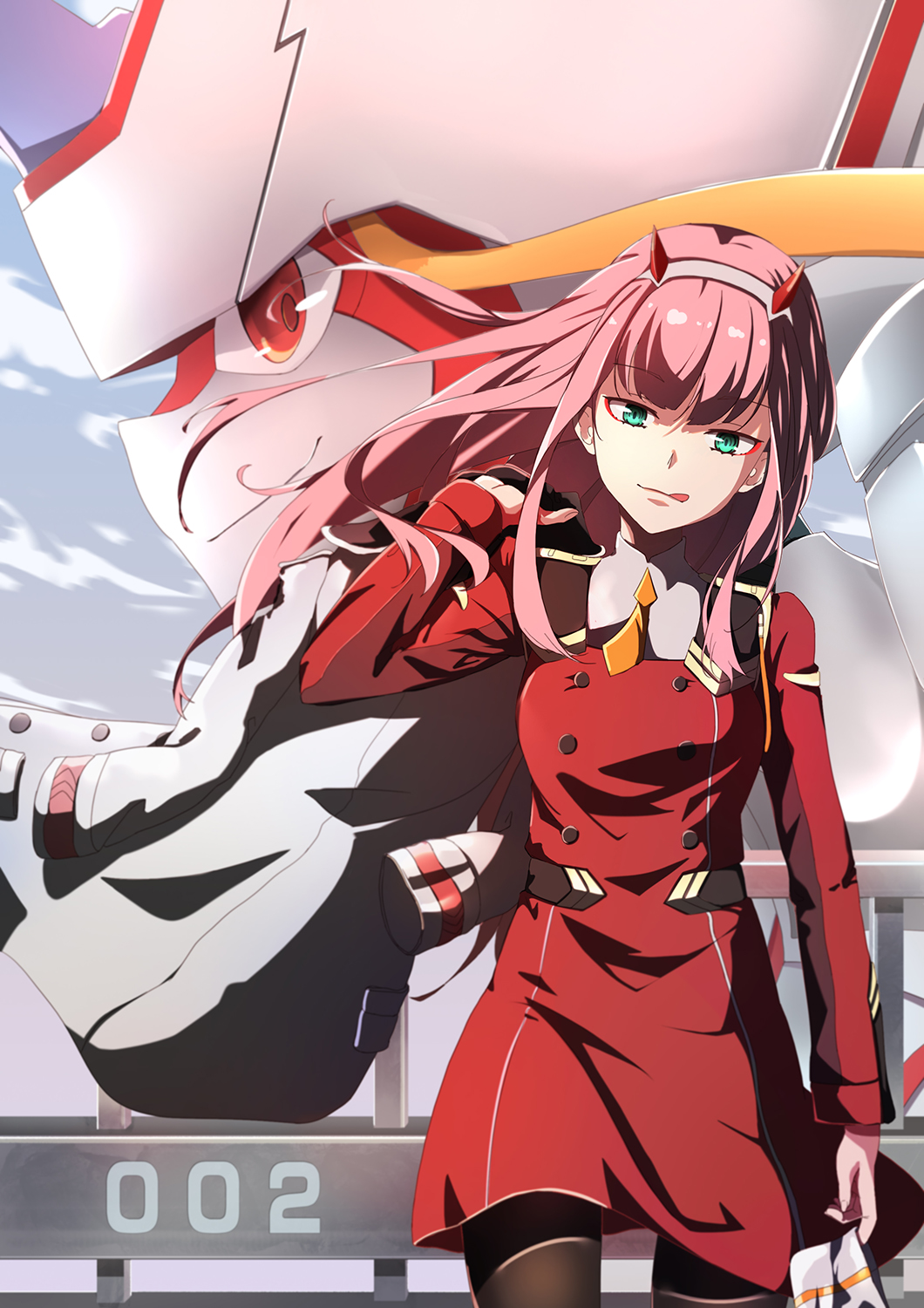 :q character_name cloud cloudy_sky darling_in_the_franxx eyeliner green_eyes hairband hangyaku_no_kusaichigo highres horns jacket_over_shoulder long_hair long_sleeves makeup mecha military military_uniform pantyhose pink_hair profile red_eyes sky smile strelizia tongue tongue_out uniform zero_two_(darling_in_the_franxx)