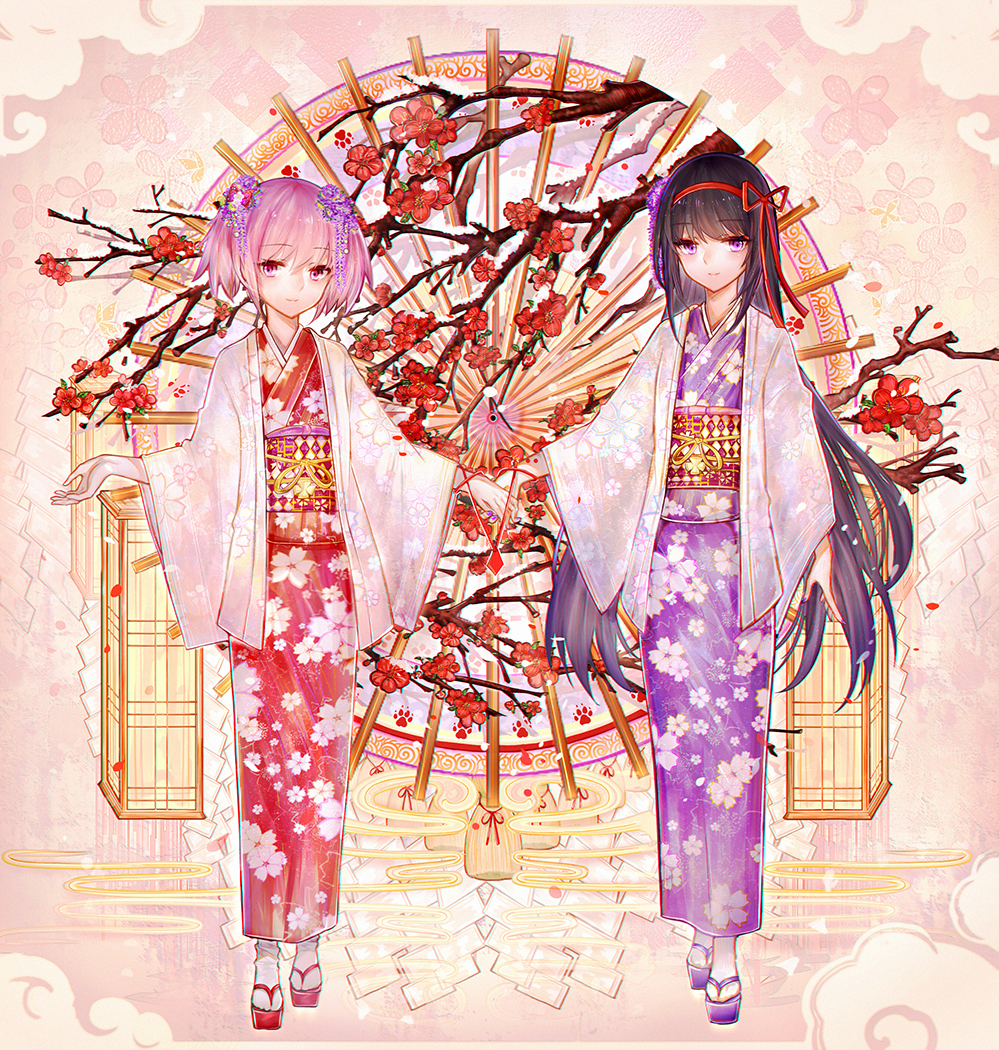 akemi_homura alternate_costume arm_at_side bai_qi-qsr black_hair closed_mouth egasumi eyebrows_visible_through_hair floral_background floral_print flower full_body geta hair_flower hair_ornament hair_ribbon hairband holding_hands japanese_clothes kaname_madoka kimono long_hair long_sleeves looking_at_viewer mahou_shoujo_madoka_magica multiple_girls nail_polish obi pink_eyes pink_hair print_kimono purple_eyes purple_kimono purple_nails red_hairband red_kimono red_ribbon ribbon sash shiny shiny_hair short_hair short_twintails smile standing straight_hair tabi tassel tree_branch twintails very_long_hair white_legwear wide_sleeves