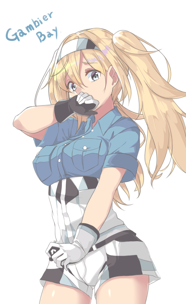 arm_up ass_visible_through_thighs blonde_hair blue_eyes blue_shirt breast_pocket breasts character_name collared_shirt covering_mouth cowboy_shot eyebrows_visible_through_hair gambier_bay_(kantai_collection) gloves grey_shorts hairband kantai_collection long_hair looking_at_viewer medium_breasts pocket raised_eyebrows shiny shiny_hair shirt short_sleeves shorts simple_background solo standing tareme tiasis twintails underbust white_background white_gloves wing_collar