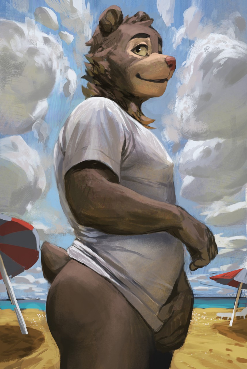 2018 beach beach_umbrella bear bottomless brown_countershading butt clothed clothing cloud cloudscape countershading digital_media_(artwork) digital_painting_(artwork) erect_nipples looking_aside male mammal nipples nude red_nose sand seaside shirt sky smile solo standing tacklebox umbrella water willy_(artdecade)