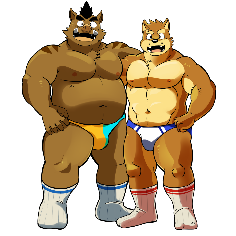 anthro big_muscles boar briefs bulge canine clothed clothing dog duo kenta_shiba_(character) legwear looking_at_viewer male mammal musclegut muscular muscular_male overweight overweight_male porcine shiba-kenta shiba_inu socks takeshi_inoyama toples topless underwear white_socks