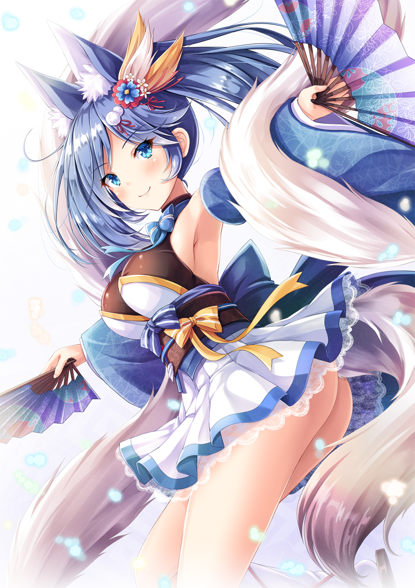 akashio_(loli_ace) animal_ears ass azur_lane blue_eyes blue_hair bow commentary detached_sleeves extra_ears eyebrows_visible_through_hair eyes_visible_through_hair fan folding_fan hair_ornament highres jintsuu_(azur_lane) long_hair looking_at_viewer obi outstretched_arm sash smile solo tail twintails