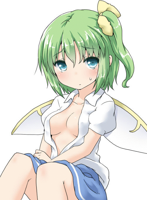 1boy 1girl animated animated_gif blue_eyes blue_skirt blush breast_massage daiyousei fairy green_hair groping heavy_breathing looking_at_viewer massage nipples open_clothes pov pov_hands short_hair simple_background skirt small_breasts tagme tears touhou white_background wings
