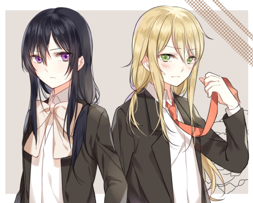 aihara_mei aihara_yuzu alternate_costume bad_id bad_pixiv_id black_hair blonde_hair blush bow bowtie chi_zu_crazy citrus_(saburouta) closed_mouth eyebrows_visible_through_hair green_eyes hair_between_eyes long_hair long_sleeves looking_at_viewer multiple_girls purple_eyes red_neckwear upper_body