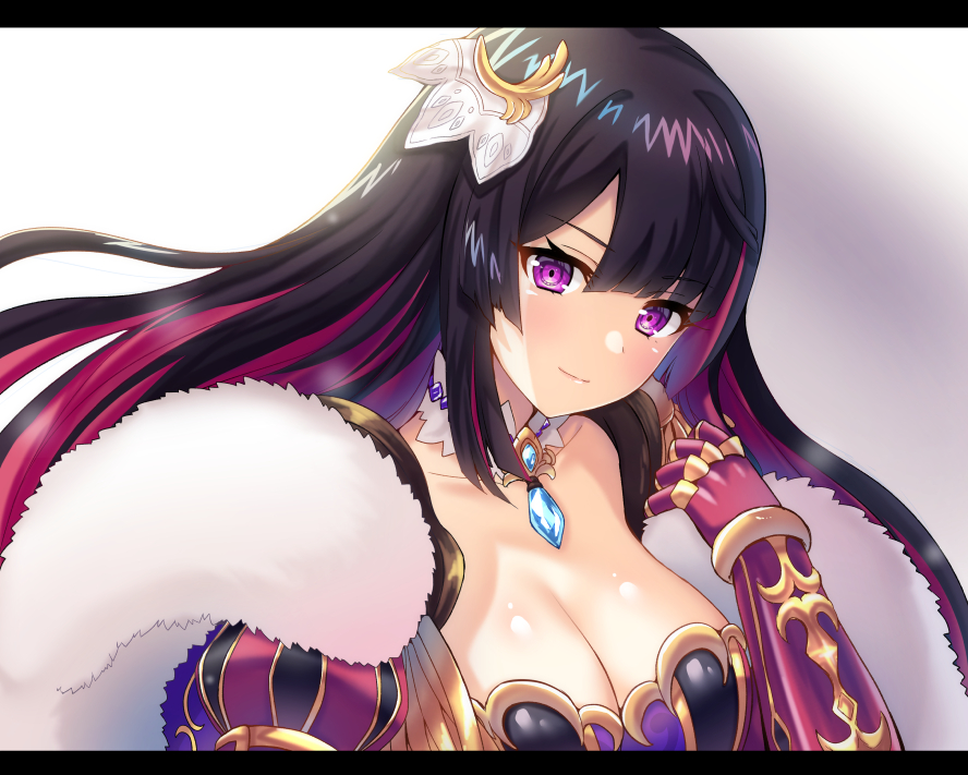 armor bangs blush breasts character_request cleavage closed_mouth collarbone fur_trim gauntlets gem gradient gradient_background hair_ornament hairpin hand_up ichigo_seika large_breasts letterboxed long_hair looking_at_viewer pink_hair puff_and_slash_sleeves puffy_sleeves purple_eyes purple_hair shironeko_project shoulder_armor smile solo two_side_up upper_body very_long_hair white_background wrist_cuffs
