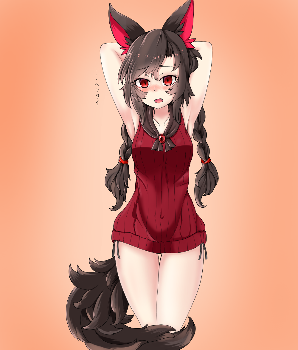 alternate_costume alternate_hairstyle animal_ears armpits arms_behind_head arms_up bad_id bad_pixiv_id blush braid breasts brooch brown_hair collarbone covered_navel dress eyebrows_visible_through_hair fang gem gradient gradient_background hair_tie haruirokomici imaizumi_kagerou jewelry long_hair medium_breasts nose_blush open_mouth orange_background panties raised_eyebrows red_dress red_eyes shiny shiny_hair short_dress side-tie_panties sleeveless sleeveless_dress solo standing striped tail thigh_gap thighs touhou translated twin_braids underwear vertical-striped_dress vertical_stripes wolf_ears wolf_tail