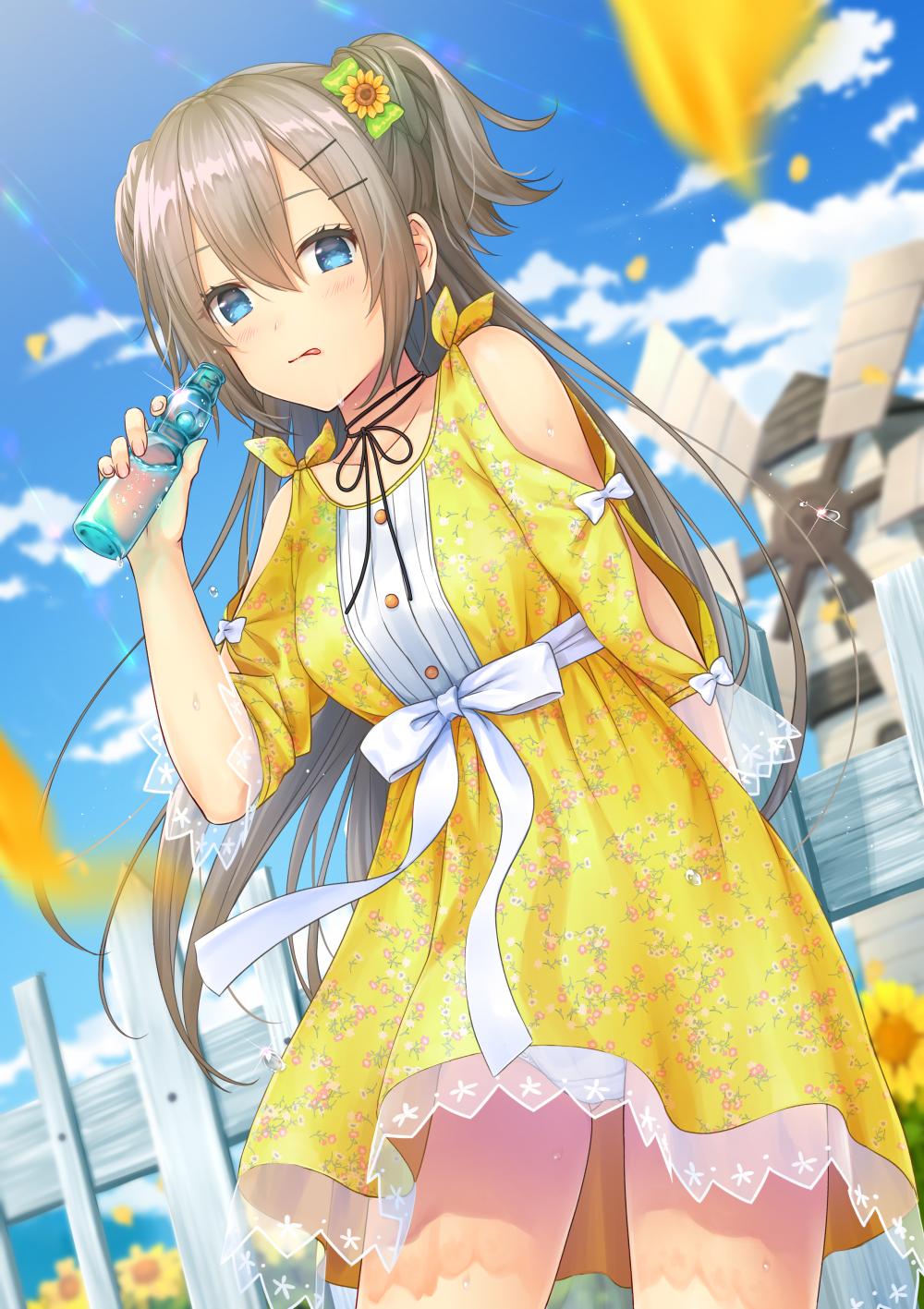 bad_id bad_pixiv_id bangs blue_eyes blue_sky blurry blurry_background blurry_foreground bow breasts cloud collarbone daidai_jamu day depth_of_field dress dutch_angle eyebrows_visible_through_hair fence floral_print flower green_bow hair_between_eyes hair_bow hair_flower hair_ornament hairclip highres holding long_hair long_sleeves looking_at_viewer medium_breasts moe2018 original outdoors panties print_dress ramune see-through sidelocks sky solo sunflower sunflower_hair_ornament underwear very_long_hair wet white_bow white_panties windmill yellow_dress yellow_flower