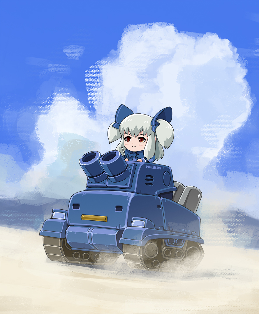 artist_name blue_neckwear blue_sky blush bow bowtie brown_eyes cannon caterpillar_tracks closed_mouth cloud cloudy_sky commentary day di-cokka driving grey_hair ground_vehicle mclelun metal_slug metal_slug_attack military military_vehicle motor_vehicle nikita_(metal_slug) outdoors sand sky smile solo tank twintails