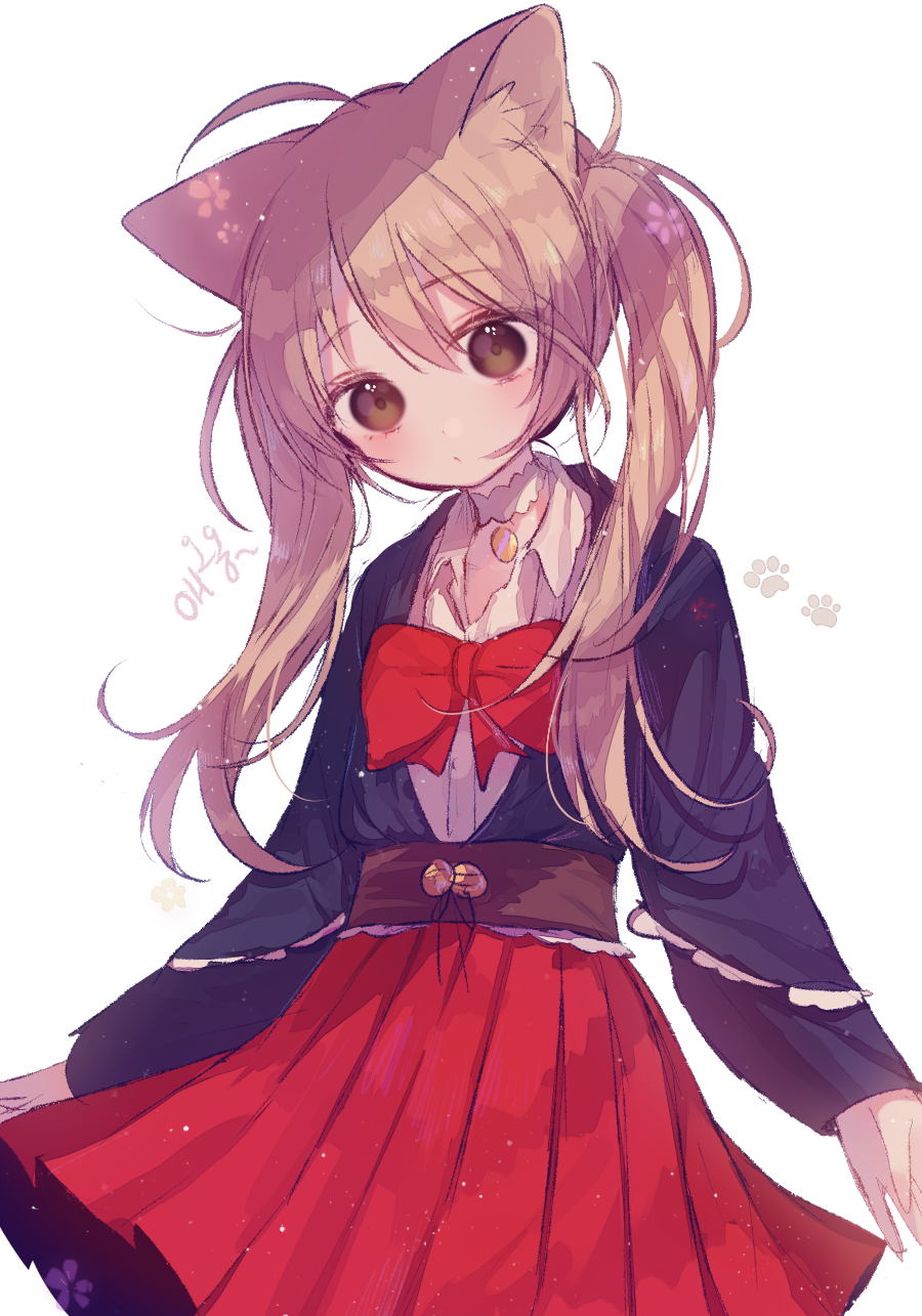 ahoge animal_ears black_jacket blush bow bowtie brown_eyes brown_hair cat_ears choker collared_shirt head_tilt highres jacket long_hair long_sleeves looking_at_viewer medium_skirt original paw_background pleated_skirt poyo_(shwjdddms249) red_bow red_neckwear red_skirt sash shiny shiny_hair shirt signature skirt solo tareme twintails upper_body white_background white_choker white_shirt wing_collar