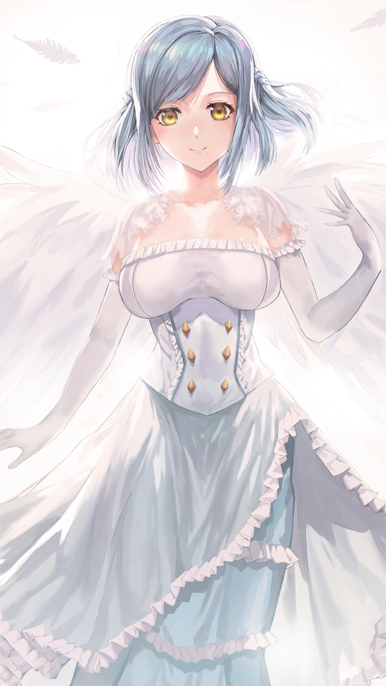 bangosu breasts closed_mouth commentary_request dress elbow_gloves feathered_wings floating_hair gloves highres large_breasts long_hair looking_at_viewer moira_(nijisanji) mole mole_under_mouth nijisanji smile solo two_side_up virtual_youtuber white_dress white_gloves white_wings wings