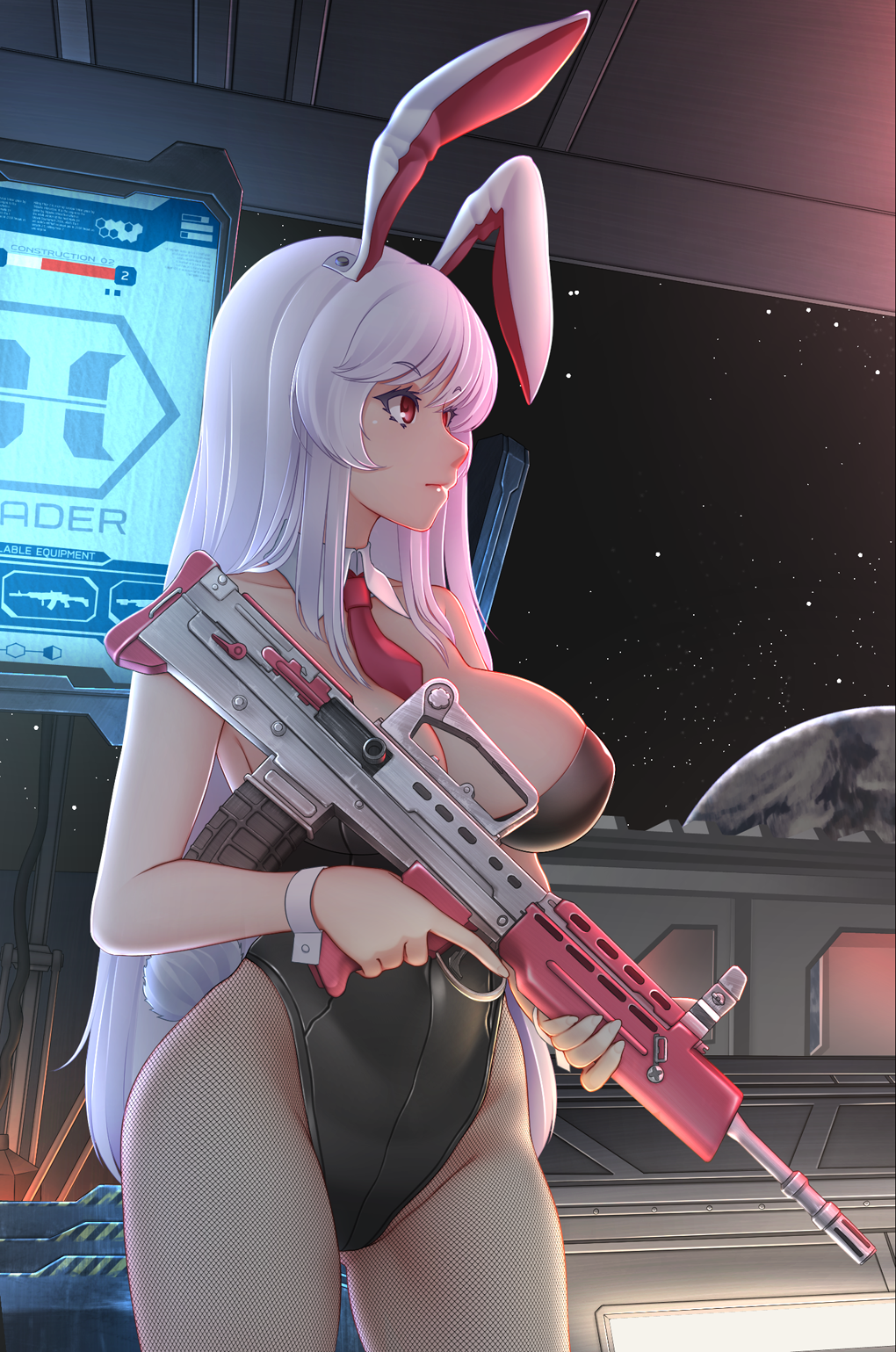 alternate_costume animal_ears assault_rifle bare_arms bare_shoulders black_leotard breasts bunny_ears bunny_girl bunnysuit cleavage collarbone cowboy_shot detached_collar earth eyelashes fishnet_pantyhose fishnets groin gun highres holding holding_gun holding_weapon killing_floor killing_floor_2 l85 large_breasts leotard long_hair mochi_(chain_csn) pantyhose pink_hair red_eyes reisen_udongein_inaba rifle screen solo space standing strapless strapless_leotard touhou trigger_discipline very_long_hair weapon window wing_collar