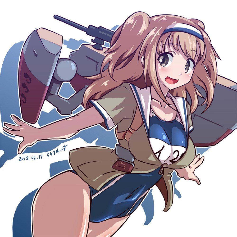 547th_sy :d artist_name breasts brown_eyes clothes_writing commentary_request covered_navel dated hairband i-26_(kantai_collection) kantai_collection large_breasts light_brown_hair long_hair looking_at_viewer machinery name_tag new_school_swimsuit one-piece_swimsuit open_clothes open_mouth rigging sailor_collar school_swimsuit short_sleeves signature simple_background smile solo swimsuit swimsuit_under_clothes twitter_username two-tone_hairband two_side_up