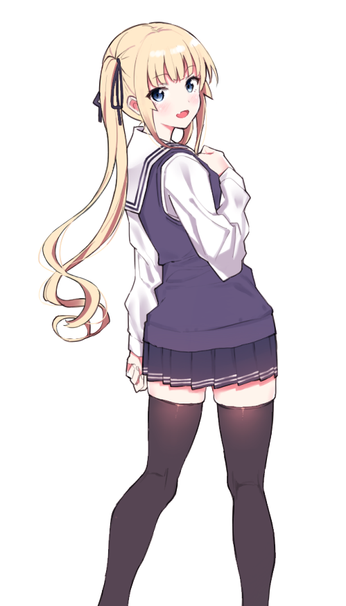 :d black_legwear blonde_hair blue_eyes blush commentary fang from_behind hair_ribbon hand_on_own_chest kneepits long_hair long_sleeves looking_at_viewer open_mouth pleated_skirt remora180 ribbon saenai_heroine_no_sodatekata sailor_collar sailor_shirt sawamura_spencer_eriri school_uniform shirt simple_background skirt smile solo standing sweater_vest thighhighs twintails zettai_ryouiki
