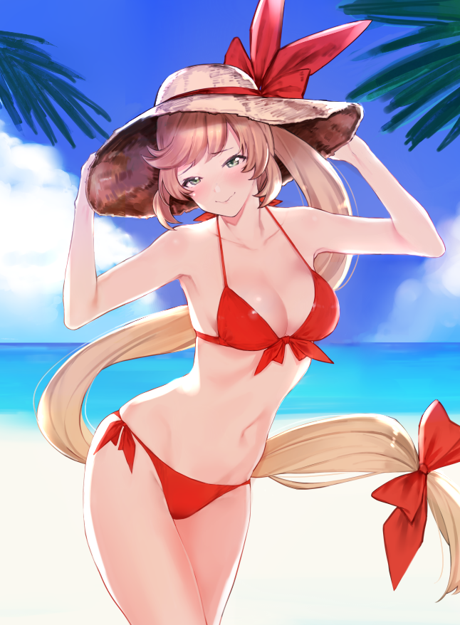 bangs beach bikini blush bow breasts brown_hair clarisse_(granblue_fantasy) cleavage closed_mouth commentary_request cowboy_shot day front-tie_bikini front-tie_top granblue_fantasy green_eyes hair_bow hands_on_headwear hat hat_bow horizon long_hair looking_at_viewer medium_breasts navel outdoors ponytail red_bikini remora180 side-tie_bikini smile solo straw_hat sun_hat swept_bangs swimsuit very_long_hair