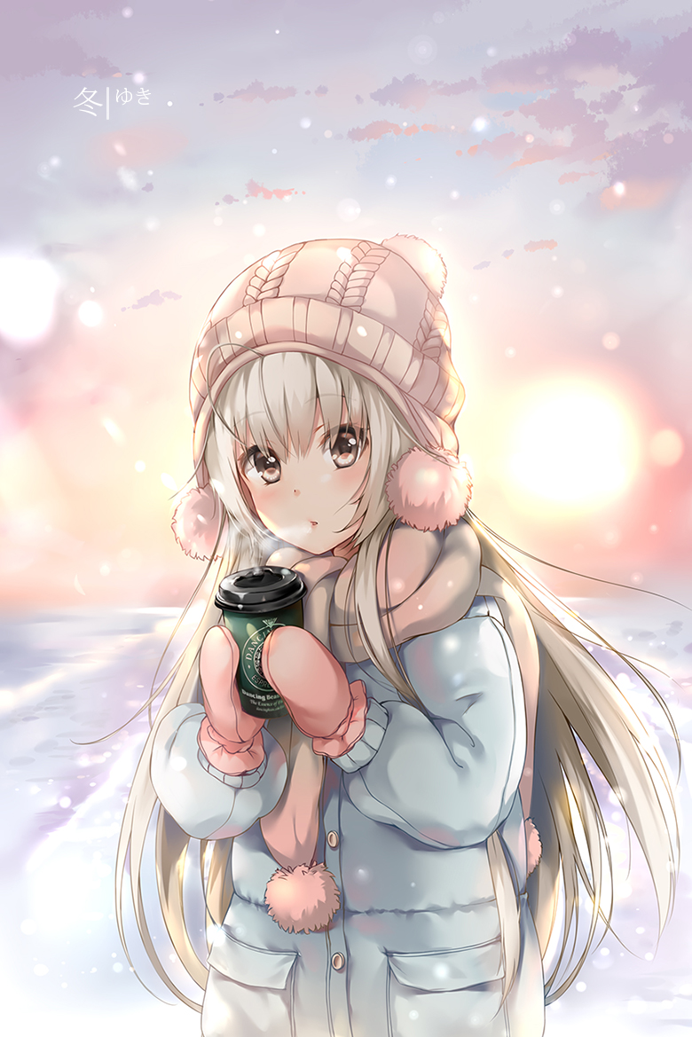 ahoge backlighting beanie blonde_hair blue_coat blush breasts breath brown_eyes cloud coat cup day eyebrows_visible_through_hair hat holding holding_cup long_hair long_sleeves looking_at_viewer medium_breasts mittens noodle-y original outdoors parted_lips pocket scarf snowing solo sunlight tareme upper_body very_long_hair winter winter_clothes winter_coat