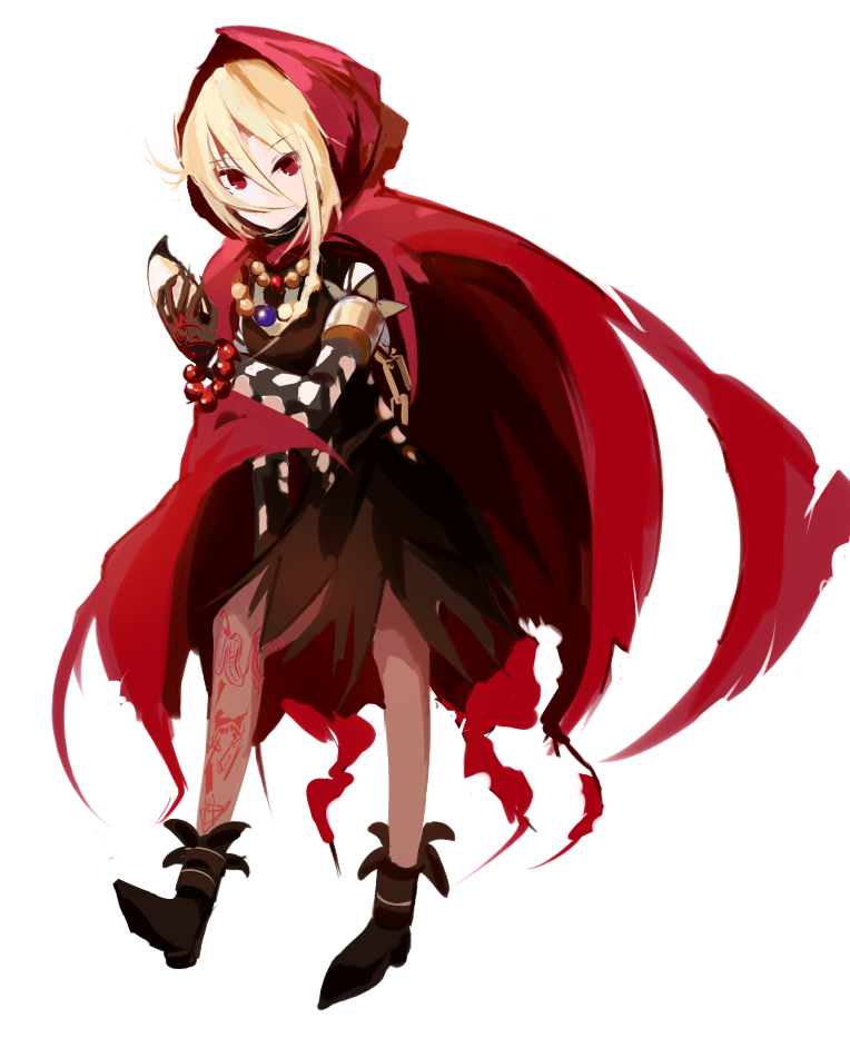 black_dress black_footwear blonde_hair chain chained cloak cuffs dress evileye full_body gold_trim holding holding_mask hood hood_up hooded_cloak looking_at_viewer mask mask_removed memmemme overlord_(maruyama) red_cloak red_eyes shackles solo vampire