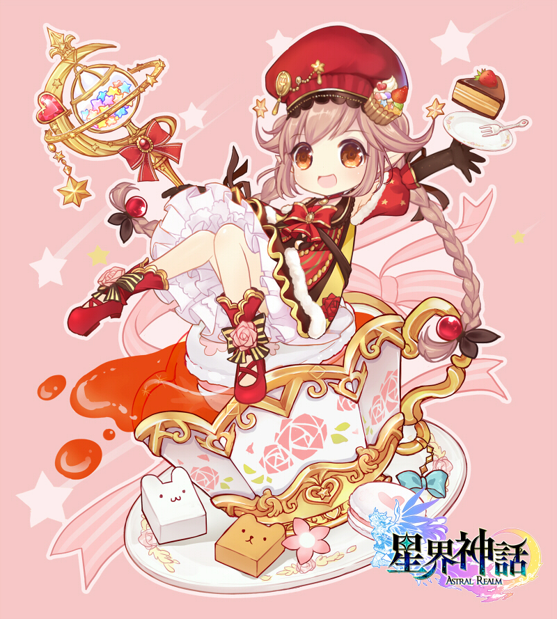 :d astral_realm bangs black_gloves black_ribbon blush boots bow braid brown_eyes cake character_request commentary_request copyright_name cup cupcake double_bun dress elbow_gloves eyebrows_visible_through_hair flower food fork fur_trim gloves hair_ornament hair_ribbon hat heart light_brown_hair long_hair looking_at_viewer low_twintails macaron maodouzi minigirl multicolored multicolored_clothes multicolored_dress open_mouth pink_background pink_flower pink_rose puffy_short_sleeves puffy_sleeves red_footwear red_hat ribbon rose saucer short_sleeves side_bun slice_of_cake smile solo staff star star_hair_ornament star_print striped striped_bow tea teacup twin_braids twintails very_long_hair