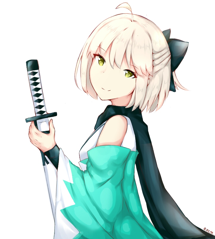 ahoge artist_name black_bow black_scarf bow closed_mouth detached_sleeves fate/grand_order fate_(series) green_eyes hair_bow half_updo head_tilt holding holding_sheath japanese_clothes katana kimono light_brown_hair long_sleeves looking_at_viewer looking_to_the_side okita_souji_(fate) okita_souji_(fate)_(all) rocm_(nkkf3785) scarf sheath sheathed short_hair simple_background sleeveless sleeveless_kimono smile solo sword weapon white_background wide_sleeves