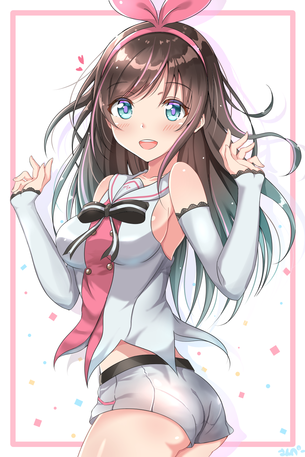 1girl a.i._channel aqua_eyes arm_warmers artist_request ass bangs bare_shoulders blush bow breasts brown_hair hair_bow hairband kizuna_ai large_breasts looking_at_viewer multicolored_hair pink_hair sailor_collar short_shorts shorts sleeveless smile streaked_hair two-tone_hair virtual_youtuber