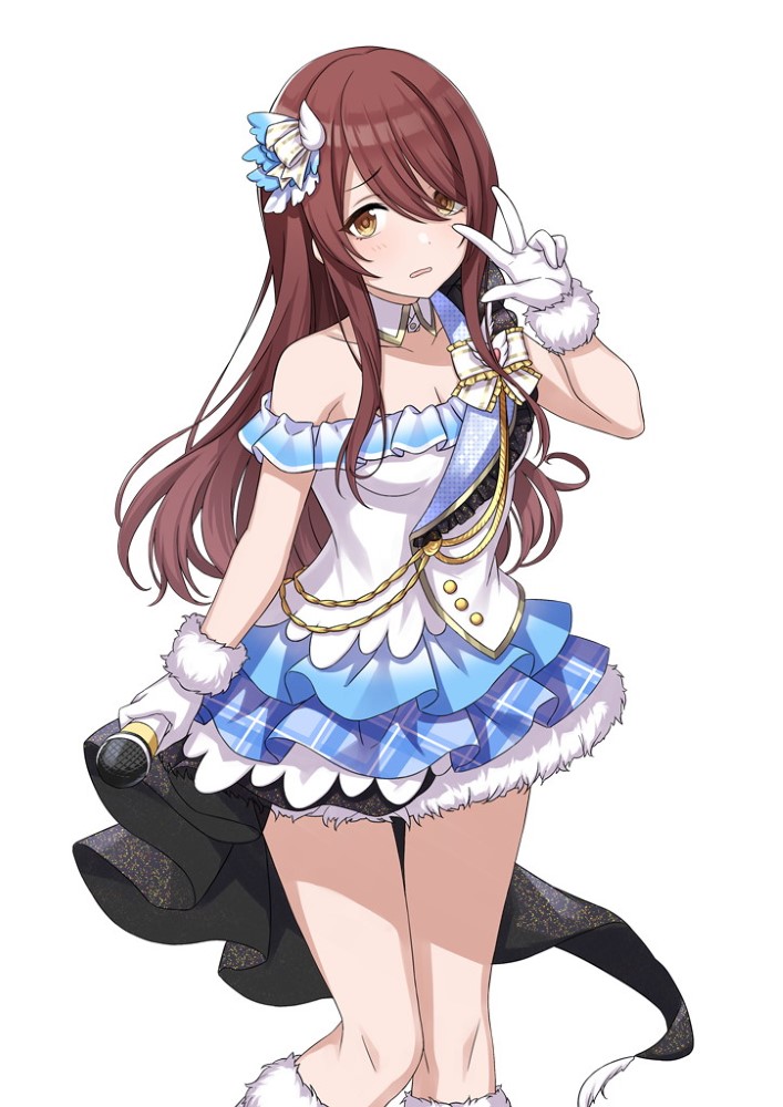 brown_hair cuffs eyebrows_visible_through_hair fur_trim gloves hair_ornament idol_clothes idolmaster idolmaster_shiny_colors long_hair looking_at_viewer microphone miniskirt official_art oosaki_tenka open_mouth skirt thighs white_background white_gloves yellow_eyes