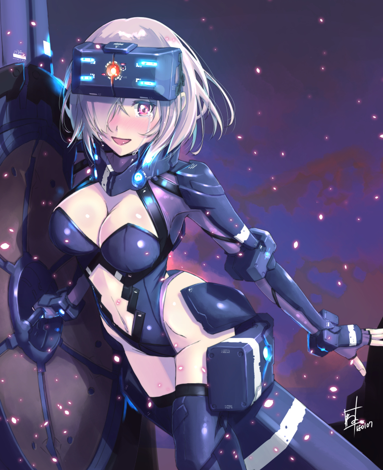 :d adapted_costume blush boots breasts cleavage fate/grand_order fate_(series) fingerless_gloves gloves groin hair_over_one_eye holding_shield large_breasts leotard mash_kyrielight midriff navel navel_cutout nenchi open_mouth purple_footwear purple_gloves purple_leotard red_eyes shield shiny shiny_skin short_hair signature silver_hair smile solo stomach tears thigh_boots thighhighs