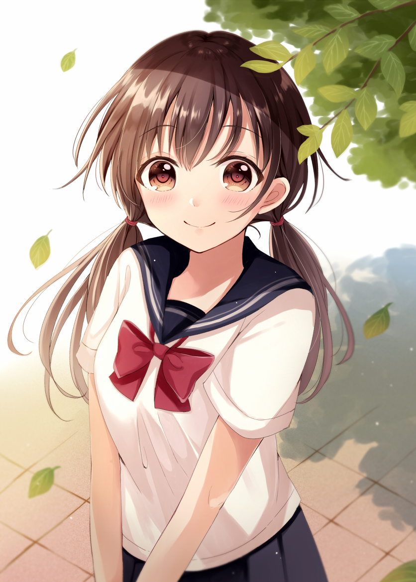 bangs black_skirt blush bow bowtie breasts brown_eyes brown_hair closed_mouth commentary_request day eyebrows_visible_through_hair hair_between_eyes leaf long_hair looking_at_viewer low_twintails original outdoors pleated_skirt red_neckwear sakura_hiyori school_uniform serafuku shirt short_sleeves skirt small_breasts smile solo standing twintails white_shirt
