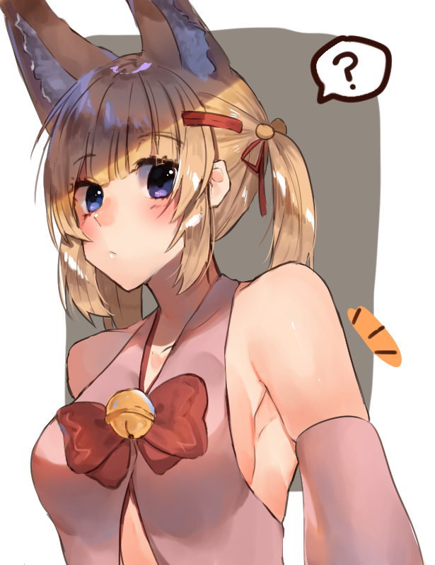? alternate_breast_size amakaze animal_ear_fluff animal_ears bare_shoulders blonde_hair blue_eyes blush breasts closed_mouth collarbone eyebrows_visible_through_hair fox_ears kemomimi_oukoku_kokuei_housou large_breasts looking_at_viewer mikoko_(kemomimi_oukoku_kokuei_housou) short_hair short_twintails sideboob solo speech_bubble spoken_question_mark twintails virtual_youtuber
