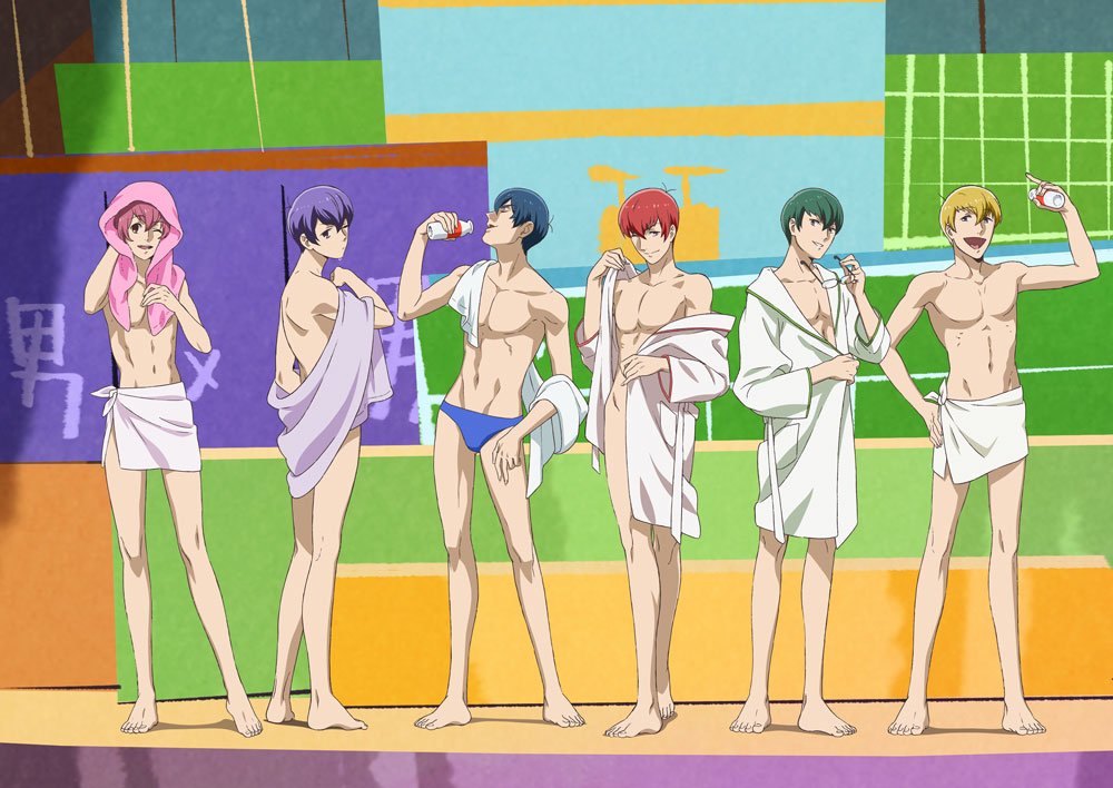 ;) barefoot blonde_hair blue_hair bottle brothers eyewear_removed f6 glasses green_hair hand_on_hip lineup looking_at_viewer male_focus male_swimwear matsuno_choromatsu matsuno_ichimatsu matsuno_juushimatsu matsuno_karamatsu matsuno_osomatsu matsuno_todomatsu multiple_boys naked_towel no_nipples off_shoulder official_art one_eye_closed osomatsu-kun osomatsu-san pink_hair purple_hair red_hair removing_eyewear robe sextuplets siblings smile swim_briefs swimwear towel undressing