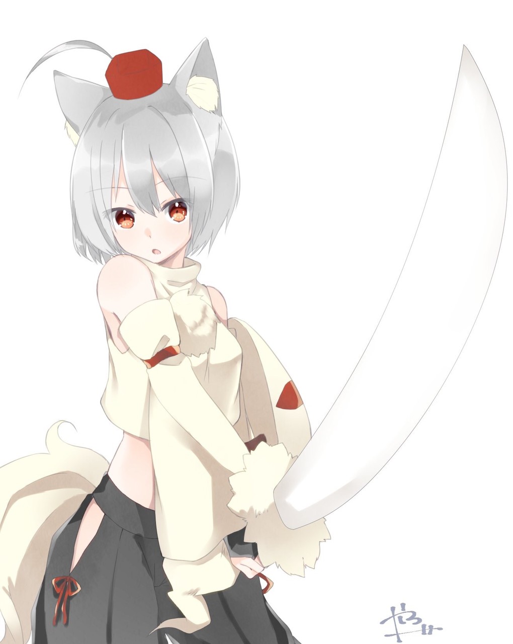 abe_suke ahoge animal_ears bangs black_skirt bridal_gauntlets brown_eyes cowboy_shot detached_sleeves eyebrows_visible_through_hair grey_hair hat highres hip_vent holding holding_sword holding_weapon inubashiri_momiji looking_at_viewer midriff open_mouth pom_pom_(clothes) short_hair signature simple_background skirt solo sword tail tokin_hat touhou weapon white_background wolf_ears wolf_tail