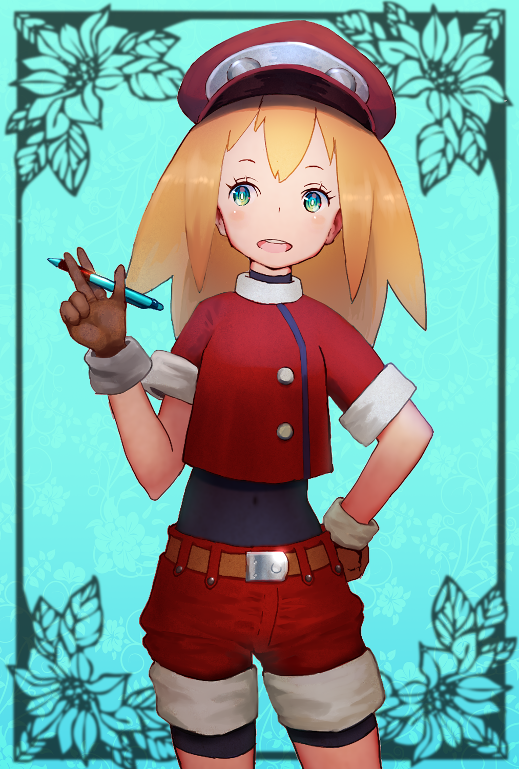 bangs belt blonde_hair blue_background blush bodysuit brown_gloves buttons cap capcom flat_chest frame gloves hand_on_hip hat holding holding_pencil looking_to_the_side open_mouth pencil rockman rockman_dash roll_caskett shorts sidelocks sleeves_rolled_up teeth