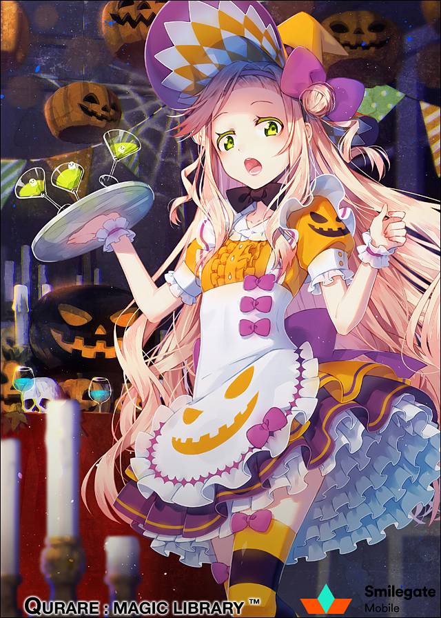 apron bangs blonde_hair blurry blurry_foreground blush bow candle center_frills character_request cocktail_glass colored_eyelashes copyright_name cup depth_of_field double_bun dress drink drinking_glass frilled_apron frills green_eyes hair_bow hakusai_(tiahszld) hat holding holding_tray jack-o'-lantern jack-o'-lantern_print long_hair looking_at_viewer official_art open_mouth orange_dress orange_hat pleated_skirt print_apron puffy_short_sleeves puffy_sleeves purple_bow purple_skirt qurare_magic_library short_sleeves side_bun skirt solo striped striped_legwear thighhighs tray very_long_hair white_apron witch_hat