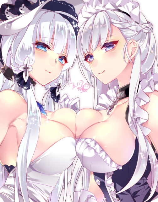 apron azur_lane bangs bare_shoulders belfast_(azur_lane) braid breast_press breasts chain cleavage closed_mouth collar collarbone commentary_request corset dress elbow_gloves eyebrows_visible_through_hair french_braid frilled_apron frills gloves hair_ribbon hat illustrious_(azur_lane) large_breasts looking_at_viewer low_ponytail maid maid_apron maid_headdress mole mole_under_eye multiple_girls ponytail ribbon sidelocks silver_hair smile sun_hat symmetrical_docking tress_ribbon uehara_(higanbachi) white_apron white_dress white_gloves white_hat