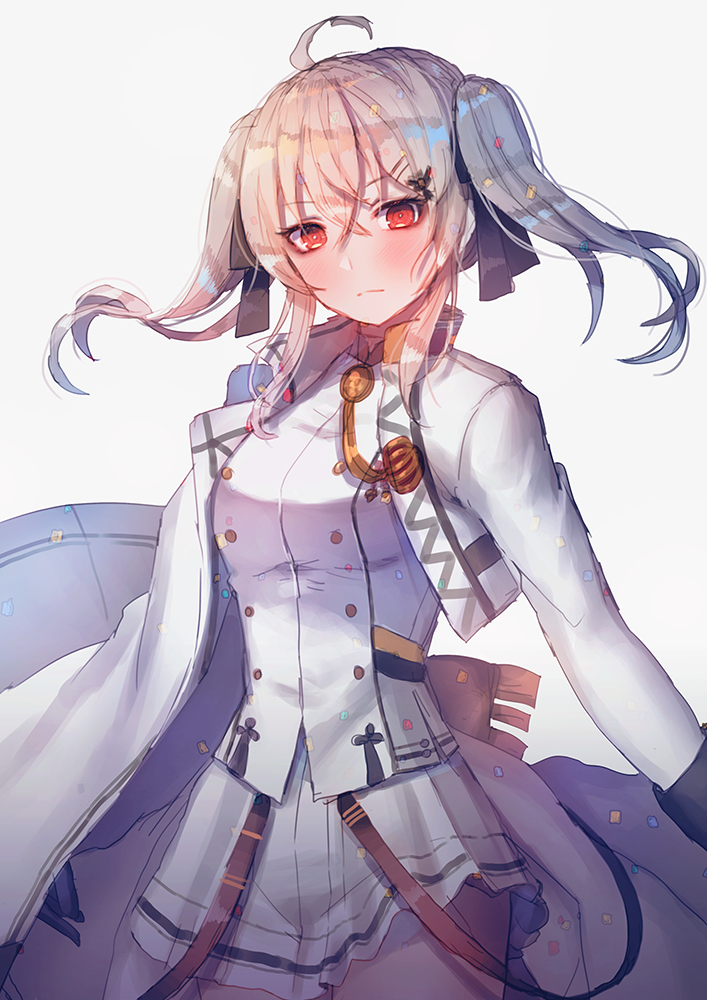 alternate_hairstyle blush cowboy_shot epaulettes girls_frontline hair_ornament hairclip hanato_(seonoaiko) iws-2000_(girls_frontline) jacket jacket_on_shoulders military military_uniform pleated_skirt red_eyes silver_hair skirt twintails uniform