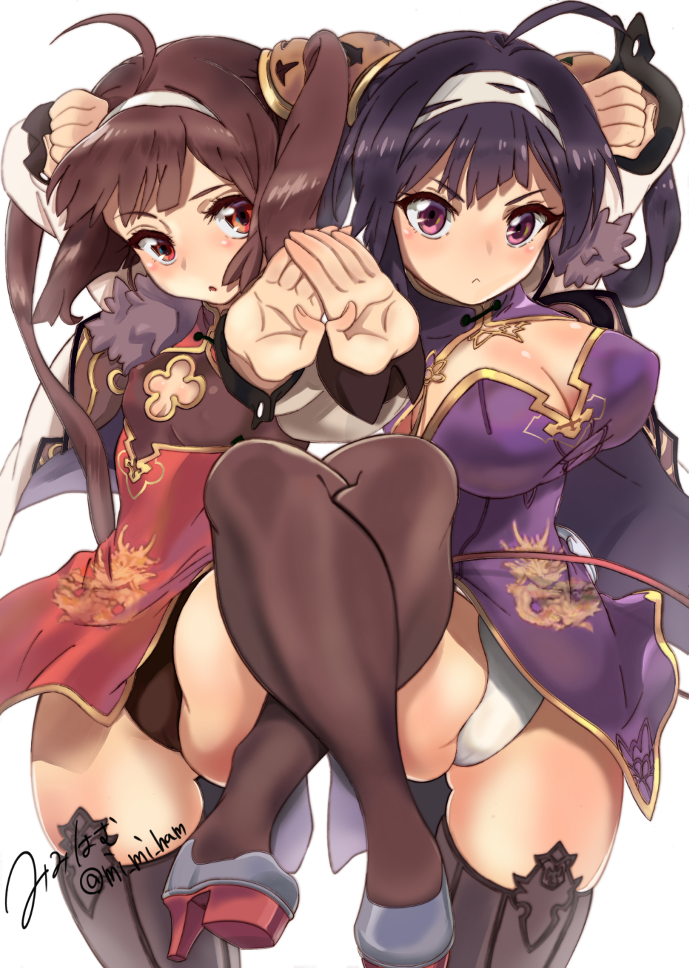 :&lt; :o ahoge arm_up artist_name ass_visible_through_thighs azur_lane bangs black_legwear black_panties breasts brown_hair cameltoe china_dress chinese_clothes cleavage cleavage_cutout closed_mouth covered_nipples dragon_print dress eyebrows_visible_through_hair fighting_stance fur_collar hair_rings hairband high_heels highres large_breasts leg_up long_sleeves looking_at_viewer mi_mi_ham multiple_girls ning_hai_(azur_lane) open_mouth panties ping_hai_(azur_lane) pink_eyes purple_dress purple_hair red_eyes remodel_(azur_lane) shoes simple_background small_breasts thighhighs thighs twintails twitter_username underwear v-shaped_eyebrows white_background white_hairband white_panties