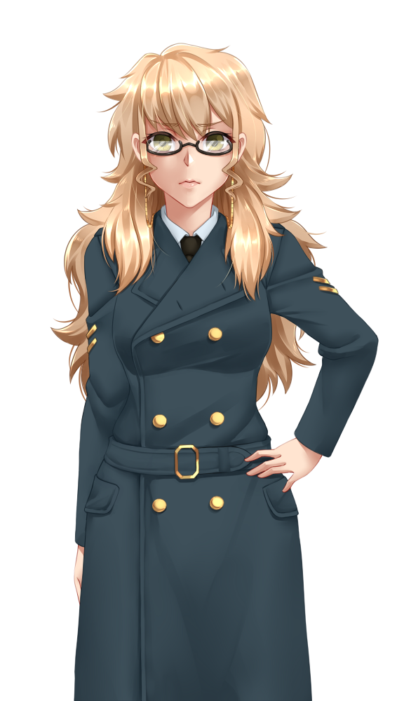 arm_at_side black-framed_eyewear blonde_hair coat commentary commission double-breasted eyebrows_visible_through_hair frown glasses green_eyes hand_on_hip long_hair looking_at_viewer original overcoat serious simple_background solo twrlare white_background