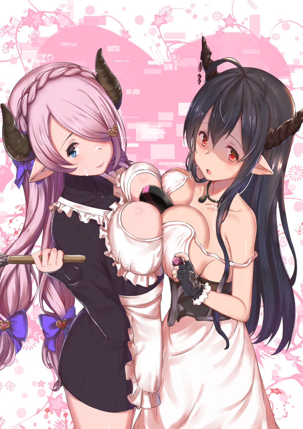 antenna_hair apron between_breasts black_gloves blue_eyes blush bow braid breast_press breasts cleavage collarbone cream cream_on_face danua draph dress fingerless_gloves food food_on_face gloves granblue_fantasy hair_between_eyes hair_bow hair_over_one_eye heart highres horn_ornament horns jewelry kaname_(melaninusa09) large_breasts lavender_hair long_hair looking_at_viewer low_tied_hair multiple_girls narmaya_(granblue_fantasy) necklace open_mouth pointy_ears purple_hair red_eyes ribbed_sweater shaded_face short_hair sideboob star strap_slip sweater sweater_dress symmetrical_docking valentine very_short_hair waist_apron whisk white_dress
