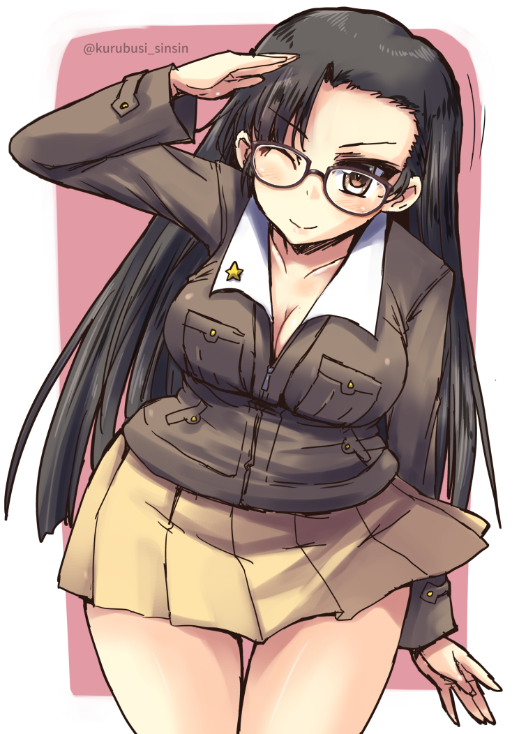 ;) asymmetrical_bangs bangs bespectacled black_hair breasts brown-framed_eyewear brown_eyes chi-hatan_military_uniform cleavage commentary_request cowboy_shot girls_und_panzer glasses jacket large_breasts leaning_forward long_hair looking_at_viewer nishi_kinuyo one_eye_closed outside_border pleated_skirt salute shinshin skirt smile solo standing twitter_username