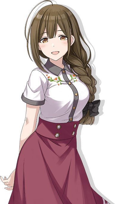 ahoge black_ribbon braid breasts brown_hair hair_over_shoulder idolmaster idolmaster_shiny_colors kuwayama_chiyuki large_breasts long_braid long_hair long_skirt looking_at_viewer official_art open_mouth ribbon single_braid skirt smile transparent_background yellow_eyes