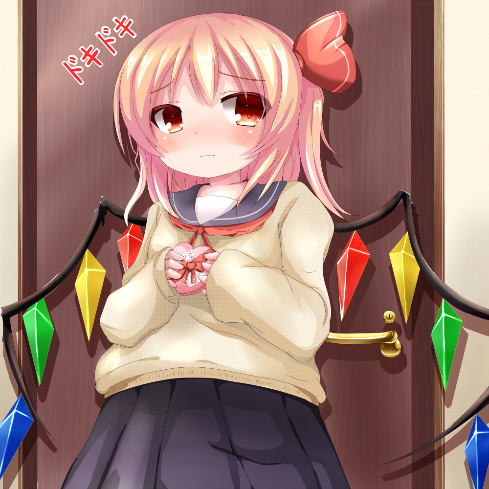 :i against_door alternate_costume blonde_hair blush box commentary_request cowboy_shot door embarrassed eriru_(remonn09) flandre_scarlet hair_ribbon heart-shaped_box long_sleeves looking_at_viewer navy_blue_skirt onomatopoeia pleated_skirt red_eyes red_ribbon ribbon sailor_collar school_uniform short_hair side_ponytail skirt sleeves_past_wrists solo sweater tareme touhou valentine wings