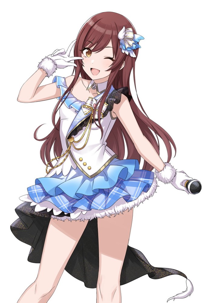 brown_hair cuffs eyebrows_visible_through_hair fur_trim gloves hair_ornament idol_clothes idolmaster idolmaster_shiny_colors long_hair looking_at_viewer microphone miniskirt official_art one_eye_closed oosaki_amana open_mouth skirt smile thighs white_background white_gloves yellow_eyes