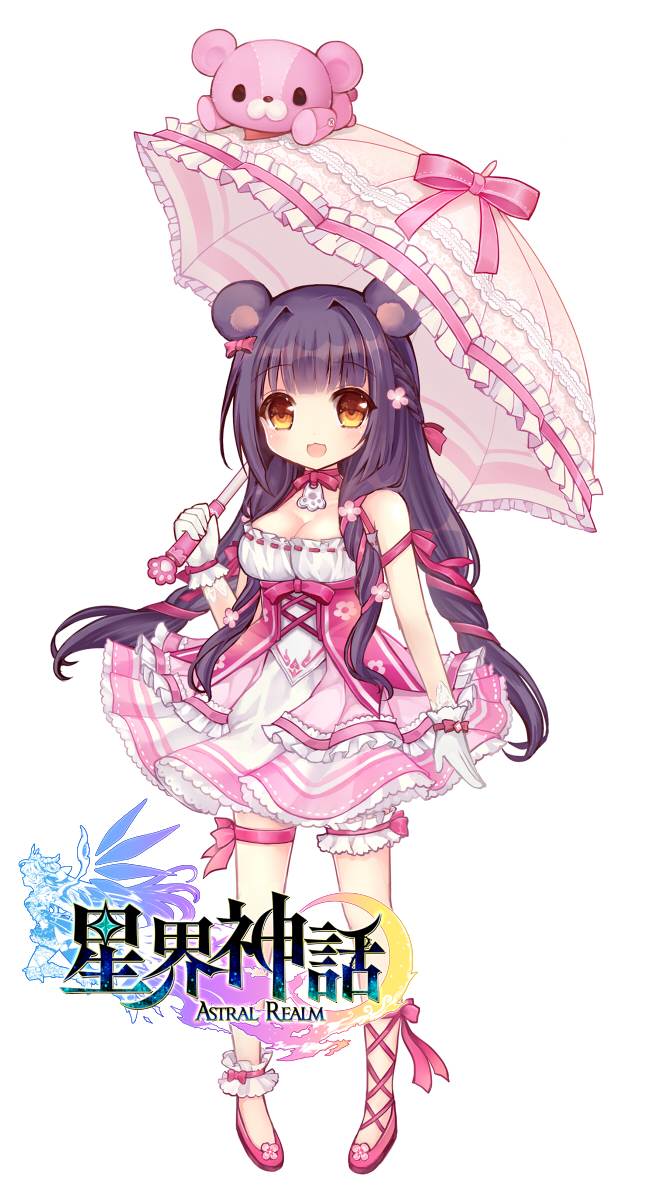 :3 :d animal_ears astral_realm asymmetrical_footwear bangs bare_shoulders bear_ears black_hair blush bow breasts brown_eyes character_request cleavage commentary_request copyright_name dress eyebrows_visible_through_hair flower full_body gloves hair_bow hair_flower hair_ornament hair_ribbon highres holding holding_umbrella long_hair looking_at_viewer maodouzi medium_breasts open_mouth pink_bow pink_dress pink_flower pink_footwear pink_umbrella red_ribbon ribbon shoes sidelocks simple_background sleeveless sleeveless_dress smile solo standing stuffed_animal stuffed_toy teddy_bear umbrella very_long_hair white_background white_gloves