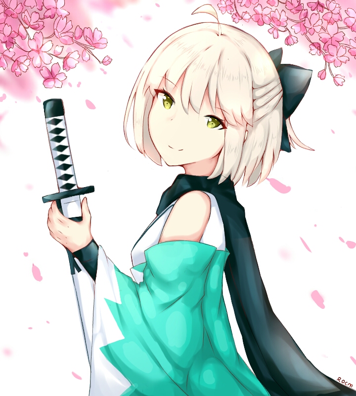 ahoge artist_name black_bow black_scarf bow cherry_blossoms closed_mouth commentary_request detached_sleeves fate/grand_order fate_(series) green_eyes hair_bow half_updo head_tilt holding holding_sheath japanese_clothes katana kimono light_brown_hair long_sleeves looking_at_viewer looking_to_the_side okita_souji_(fate) okita_souji_(fate)_(all) petals rocm_(nkkf3785) scarf sheath sheathed short_hair sleeveless sleeveless_kimono smile solo sword weapon white_background wide_sleeves