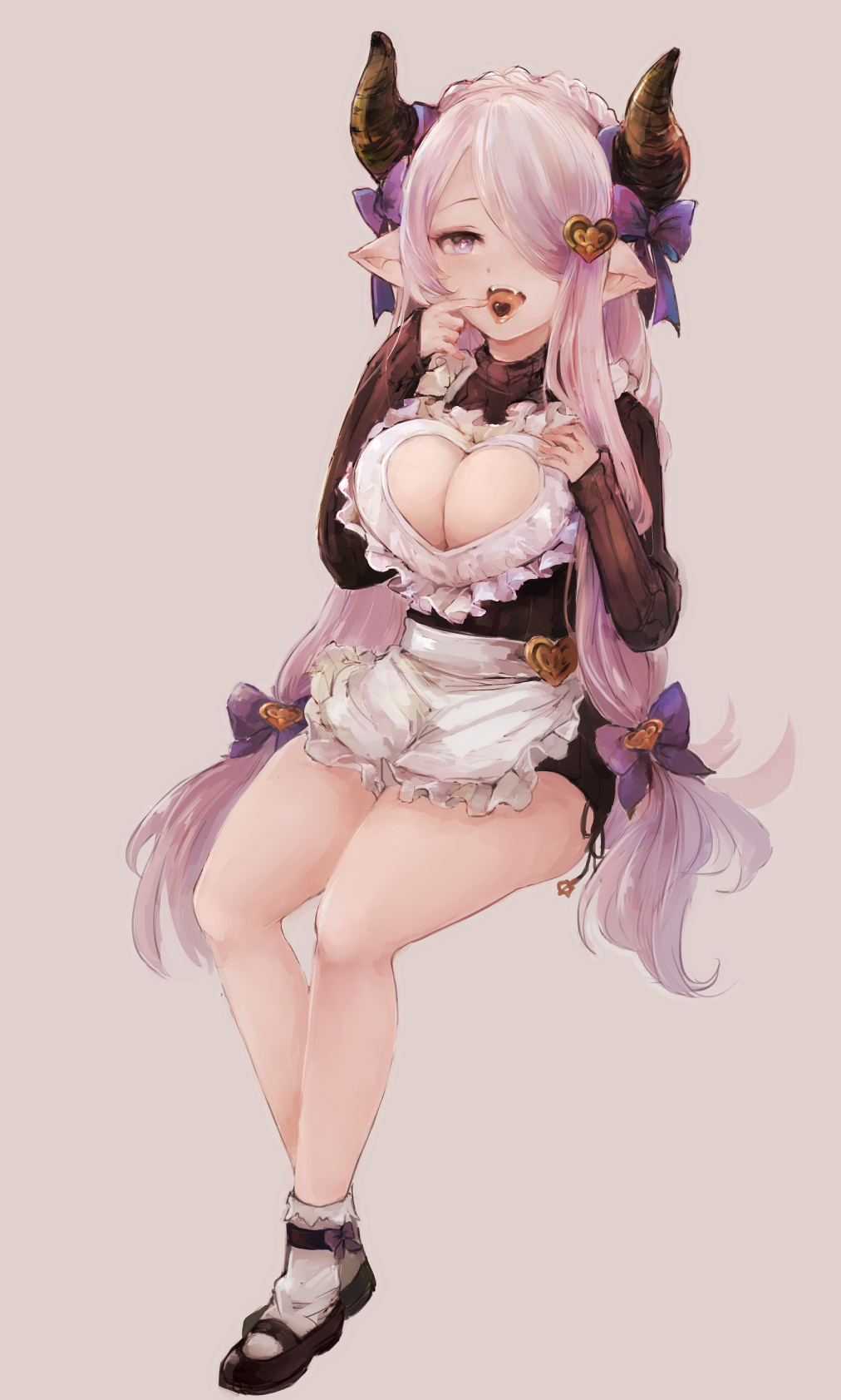 apron blue_eyes blush bobby_socks bow breasts chocolate cleavage cleavage_cutout draph dress fangs granblue_fantasy hair_bow hair_over_one_eye heart heart-shaped_pupils highres horn_bow horns large_breasts lavender_hair lips long_hair looking_at_viewer low_tied_hair mary_janes meme_attire narmaya_(granblue_fantasy) open-chest_sweater open_mouth pointy_ears ribbed_sweater shoes simple_background sitting smile socks solo sweater sweater_dress symbol-shaped_pupils tongue wataichi_meko