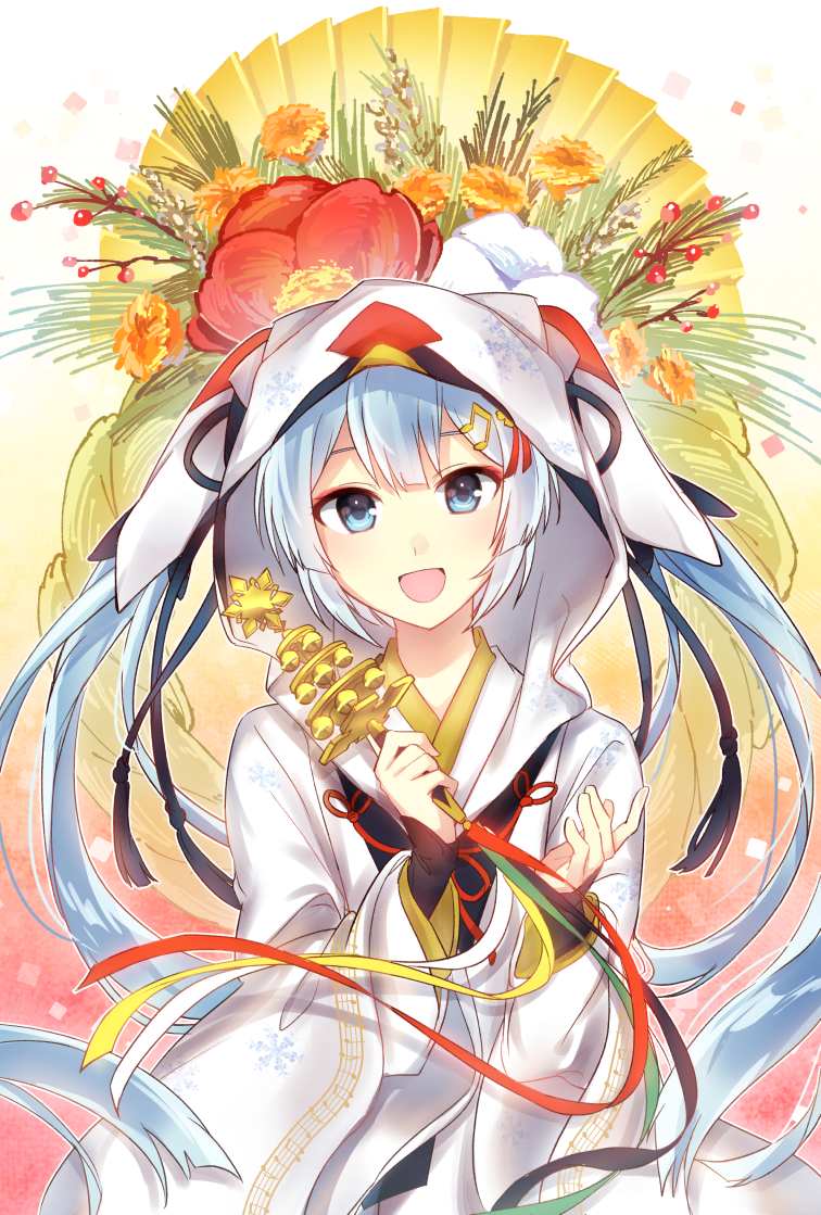 :d blue_eyes blue_hair floating_hair flower hatsune_miku holding hood japanese_clothes long_hair looking_at_viewer open_mouth red_flower red_ribbon ribbon smile solo standing twintails very_long_hair vocaloid yoishi_(fuchi39) yuki_miku