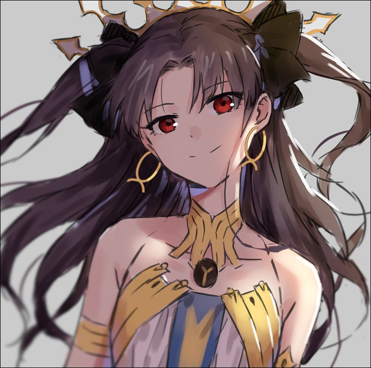 bangs bare_shoulders black_bow bow brown_hair closed_mouth collarbone earrings eyebrows_visible_through_hair fate/grand_order fate_(series) grey_background hair_between_eyes hair_bow hakusai_(tiahszld) head_tilt ishtar_(fate/grand_order) jewelry long_hair looking_at_viewer red_eyes simple_background smile solo tiara two_side_up very_long_hair