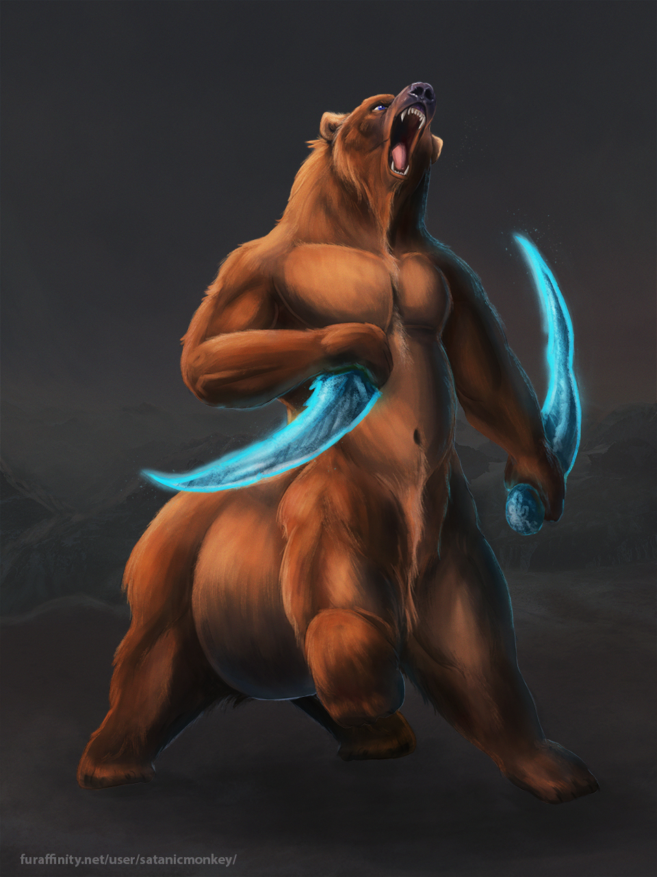 2018 bear black_nose blue_eyes brown_fur dagger digital_media_(artwork) fangs full-length_portrait fur grey_background hi_res holding_object holding_weapon male mammal melee_weapon navel open_mouth pink_tongue portrait quadruped roaring satanic_monkey simple_background solo taur teeth tongue url weapon