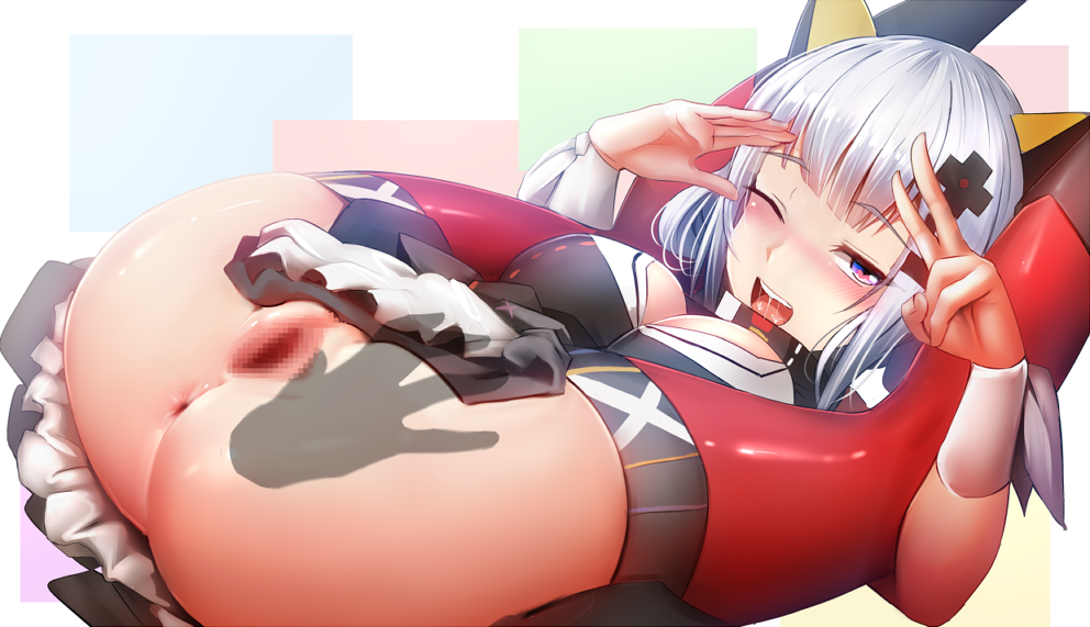 ;d anus ass blue_eyes blush breasts censored disembodied_limb eyebrows_visible_through_hair folded ginhaha heart heart-shaped_pupils hetero kaguya_luna kaguya_luna_(character) legs_behind_head looking_at_viewer medium_breasts mosaic_censoring no_panties one_eye_closed open_mouth pussy silver_hair smile solo_focus spread_pussy symbol-shaped_pupils v virtual_youtuber wince