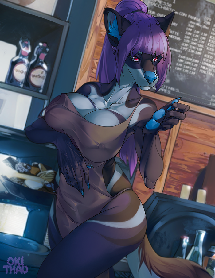 anthro apron blue_claws blue_nose blue_pawpads breasts cafe canine claws clothed clothing female hair inside looking_at_viewer mammal nipple_bulge okithau partially_clothed pawpads purple_hair red_eyes restaurant solo standing wide_hips