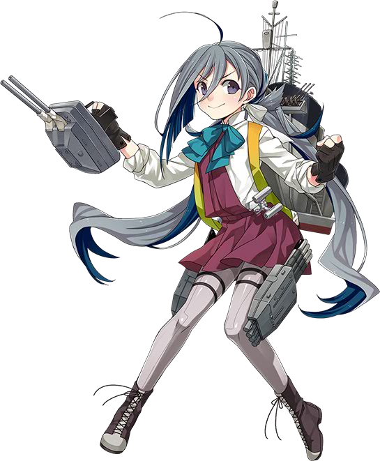 &gt;:) ahoge black_gloves blue_hair blush boots bow bowtie cross-laced_footwear dress eyebrows_visible_through_hair fujikawa full_body gloves grey_eyes grey_hair grey_legwear gun hair_between_eyes hair_ribbon holding holding_gun holding_weapon kantai_collection kiyoshimo_(kantai_collection) lace-up_boots long_hair looking_at_viewer low_twintails machinery multicolored_hair official_art pantyhose partly_fingerless_gloves ribbon rigging shirt sleeveless sleeveless_dress sleeves_rolled_up solo transparent_background turret twintails v-shaped_eyebrows very_long_hair weapon white_ribbon white_shirt
