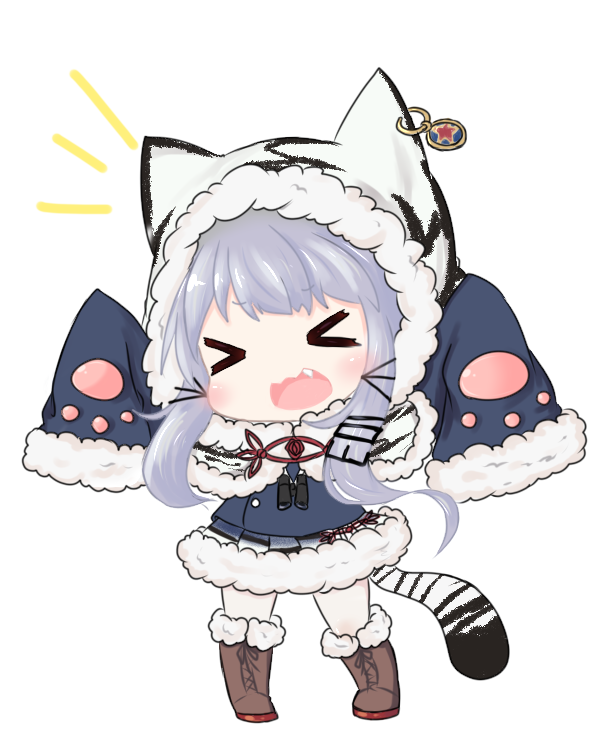 &gt;_&lt; animal_print arms_up azur_lane bailingxiao_jiu bangs binoculars blue_shirt blush boots brown_footwear capelet chang_chun_(azur_lane) chibi closed_eyes commentary_request cross-laced_footwear eyebrows_visible_through_hair facing_viewer fang full_body fur-trimmed_boots fur-trimmed_capelet fur-trimmed_hood fur-trimmed_skirt fur-trimmed_sleeves fur_trim hair_ornament hairclip hood hooded_capelet knee_boots lace-up_boots long_hair long_sleeves open_mouth pantyhose print_capelet shirt sidelocks silver_hair simple_background skirt sleeves_past_fingers sleeves_past_wrists solo standing star tail tiger_hood tiger_print tiger_tail wavy_mouth white_background white_capelet white_legwear wide_sleeves